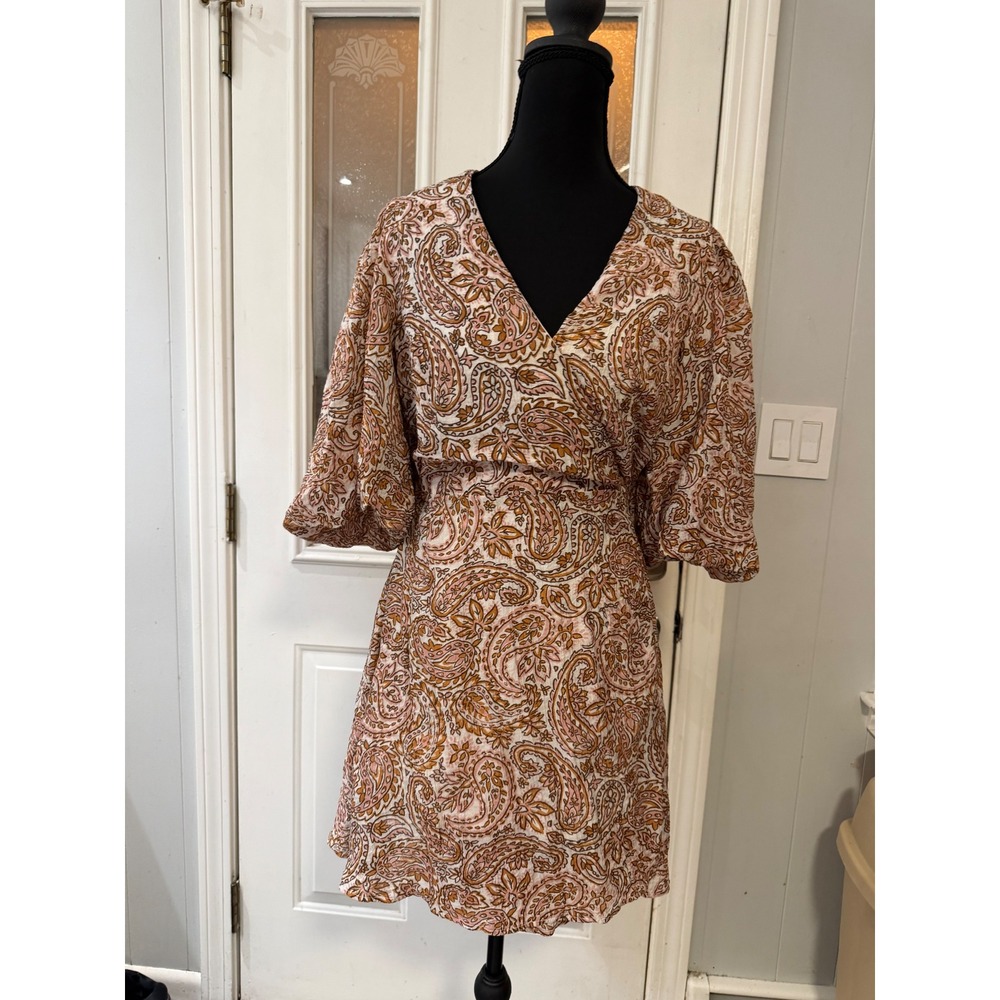 Minkpink Paisley V-Neck Balloon Sleeve Mini Dress Brown Pink Medium